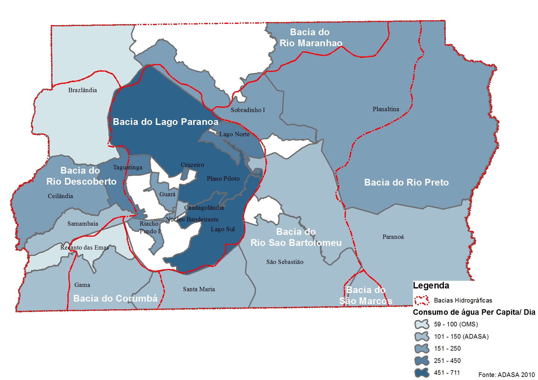 Mapa de consumo per capita por RA e a divisão das bacias hidrográficas. Fonte dos dados: Plano de Gerenciamento Integrado dos Recursos Hídricos do Distrito Federal – PGIRH/ ADASA.